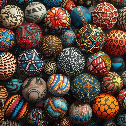 designed balls from various traditional dances worldwide Emphasize the unique patterns and textures, capturing the essence of cultural diversity and unity through vibrant and dynamic imagery