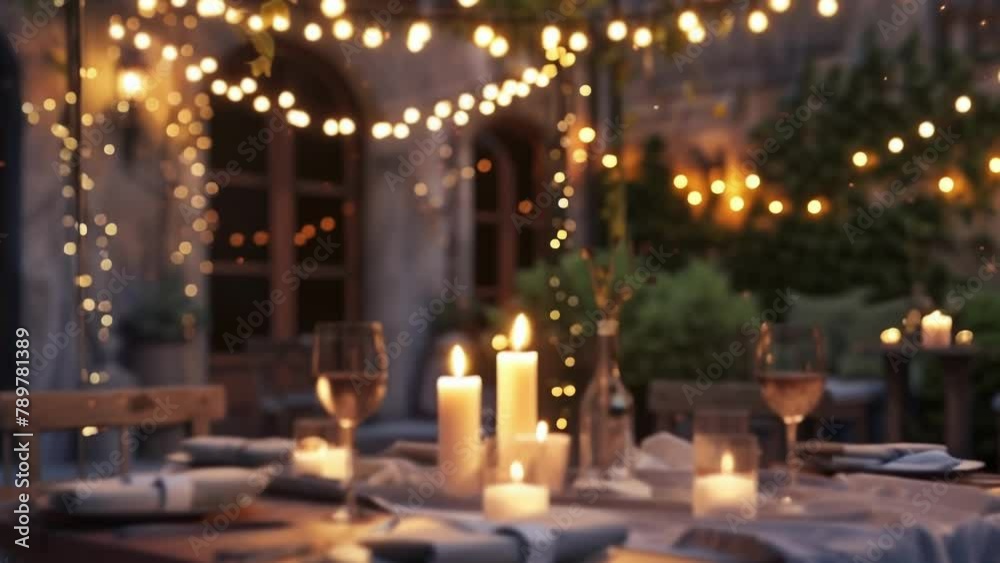 a romantic al fresco dinner setting with ling bistro lights and candles. . a romantic al fresco dinner setting with ling bistro lights and candles. .