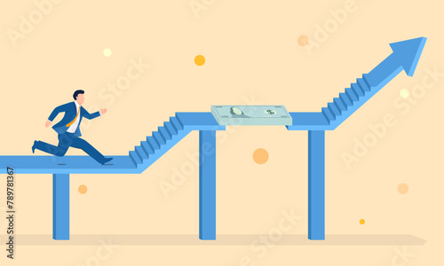 Man crossing a bridge made of money, symbolizing bridge loan, vector business illustration
