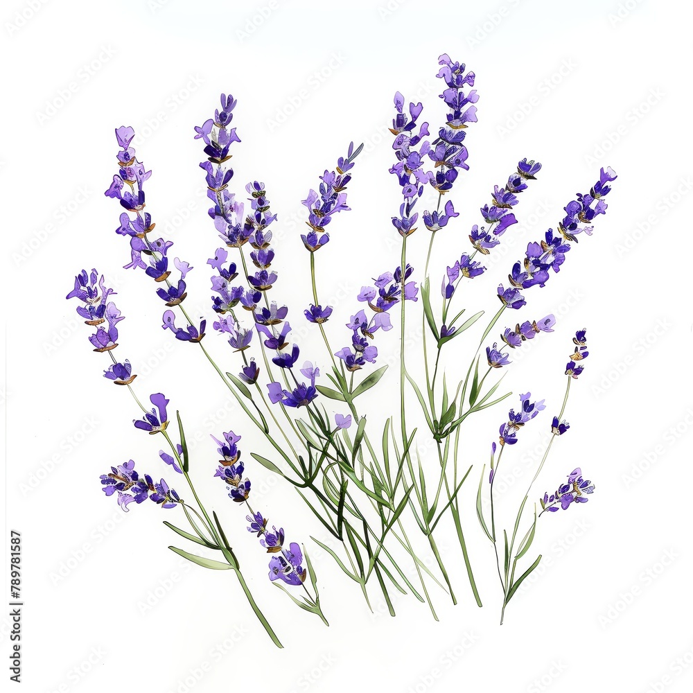 Naklejka premium Watercolor lavender, clusters of tiny purple blossoms with green stems, white background