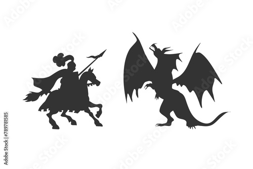 knight and dragon fight silhouette. Medieval battle outlines.