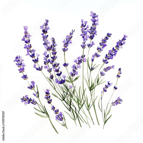 Watercolor lavender  clusters of tiny purple blossoms with green stems  white background