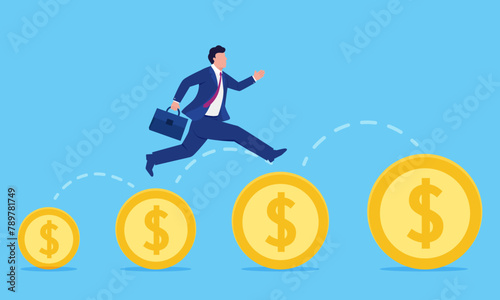 Man jumping forward on gold coins, businessman getting more gold coins, vector business illustration