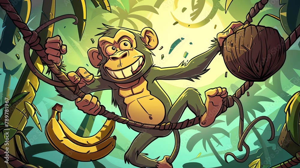 A playful monkey is swinging from vines, plucking bananas and coconuts for a tropical fruit cake