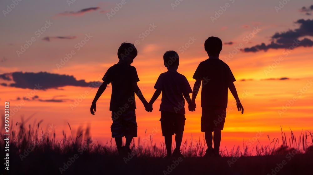 Silhouette boys - three boys hold hand together show teamwork