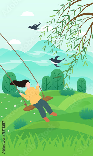 Vector illustration of young girl swinging in spring
