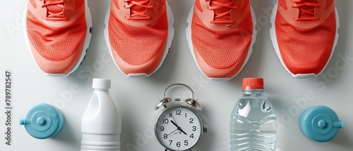 Over a white setting, vivid running footwear, a stopwatch, and a water bottle convey elements required to maintain a healthy lifestyle and space, Generative AI.