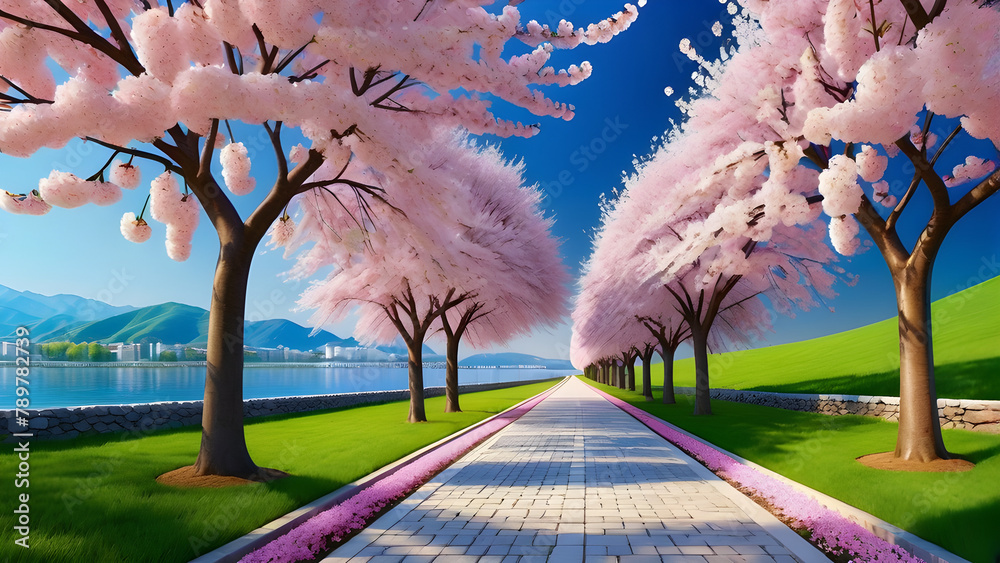  cherry trees on both side of the  path, ,clear sky,beautiful scenery,Generative AI