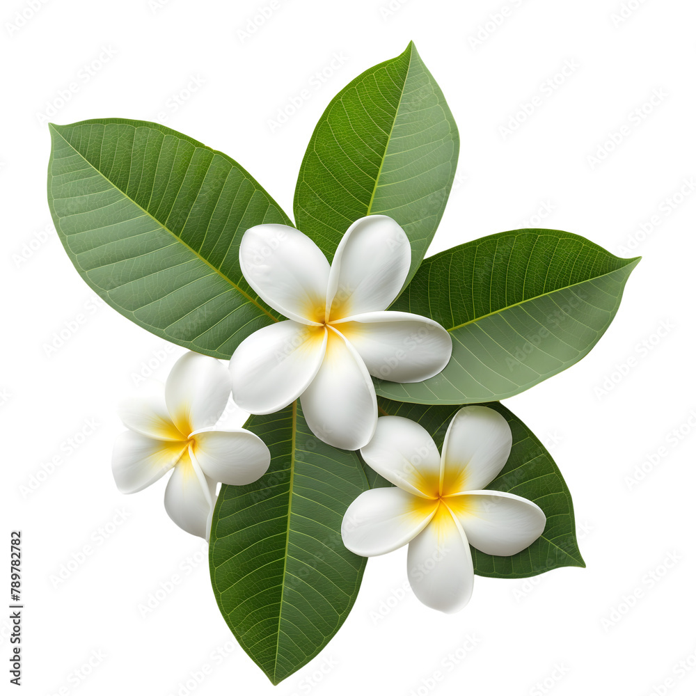 Fototapeta premium white Plumeria with leaf isolated on transparent background Generative Ai.