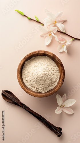 Flat lay vanilli petal flower flour extract organic natural scent for baking and cooking