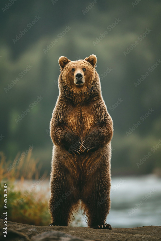 Obraz premium Majestic Brown Bear Standing Upright by River