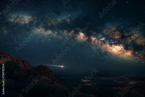 Meteor and Milky Way Over Mountain Ridge at Night