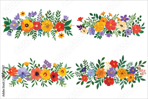 Colorful floral flowers branches, Flower ornament border, Vintage floral set, Set of colorful banners, Beautiful summer floral decoration, Flowers and leaves vector, Set of floral ornaments