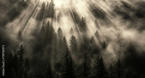 Dramatic Sunrays over Dark Forest