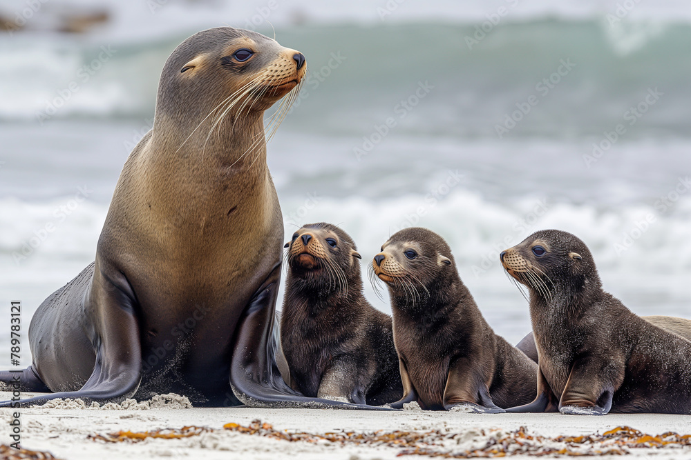Fototapeta premium Sea Lion Family on Sandy Beach with Waves