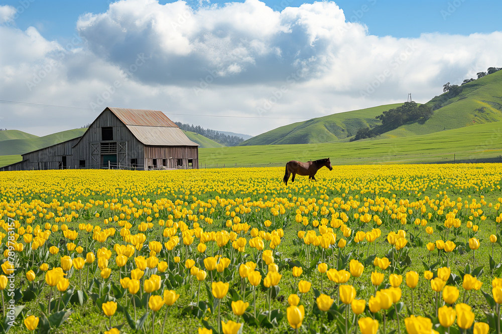 Horse Grazing in Vibrant Yellow Tulip Field with Rustic Barn