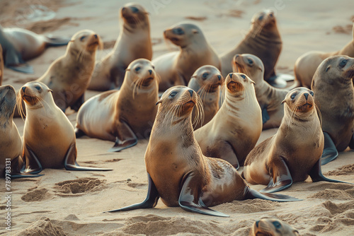 Sea Lions Gathered on Coastal Sand at Sunset