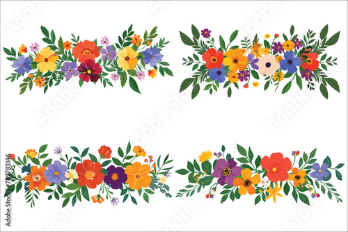 Colorful floral flowers branches, Flower ornament border, Vintage floral set, Set of colorful banners, Beautiful summer floral decoration, Flowers and leaves vector, Set of floral ornaments