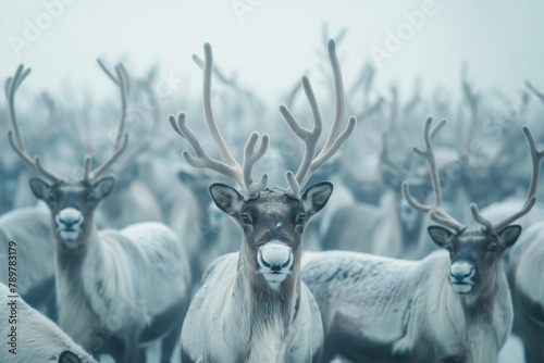 Herd of Reindeer in Misty Winter Landscape