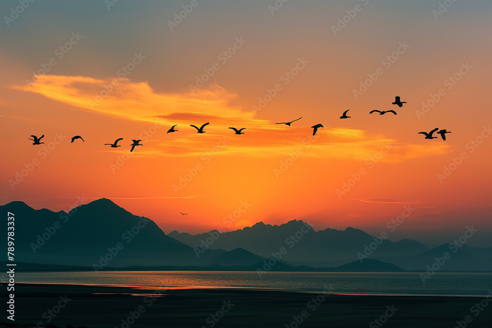 Flock of Birds Flying at Sunset Over Mountain Silhouette Flock of Birds Flying at Sunset Over Mountain Silhouette