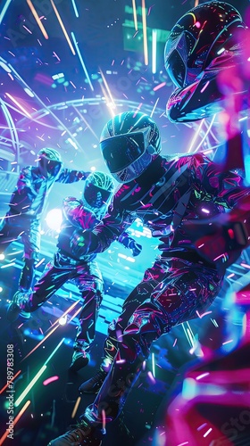 futuristic sports arena, players in neon gear against an abstract dynamic backdrop