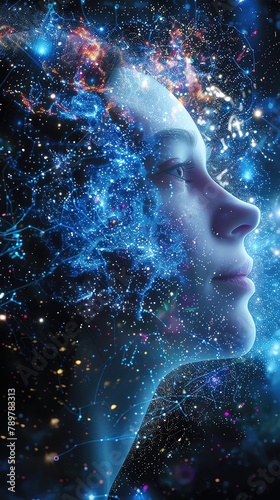 Digital consciousness combined with cosmic wonder, AI thought processes with stardust patterns