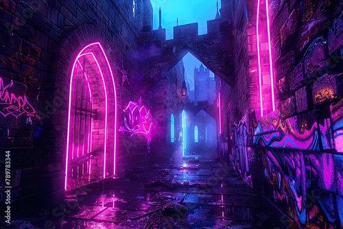 medieval castle with abstract neon graffiti, blending history with modern art photo