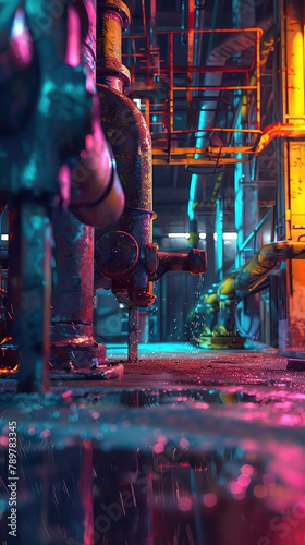 abandoned factory, neon machinery against abstract rusty textures, industrial feel