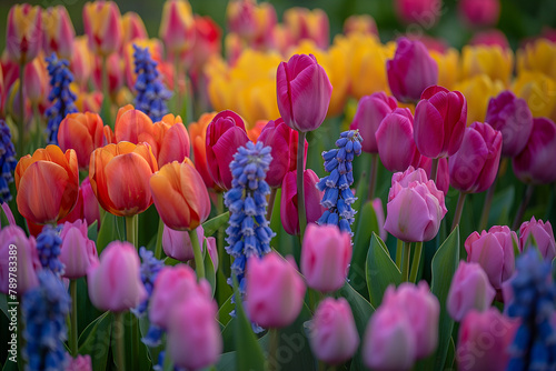 Colorful Spring Tulips and Hyacinths in Vibrant Bloom