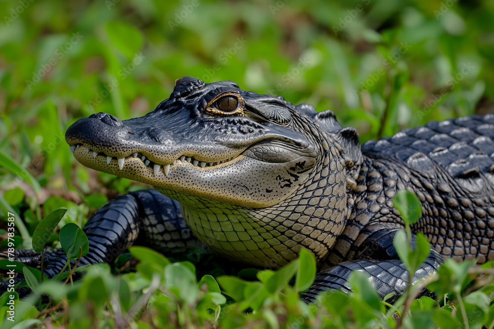 Young Alligator Lounging in Lush Green Foliage Young Alligator Lounging in Lush Green Foliage