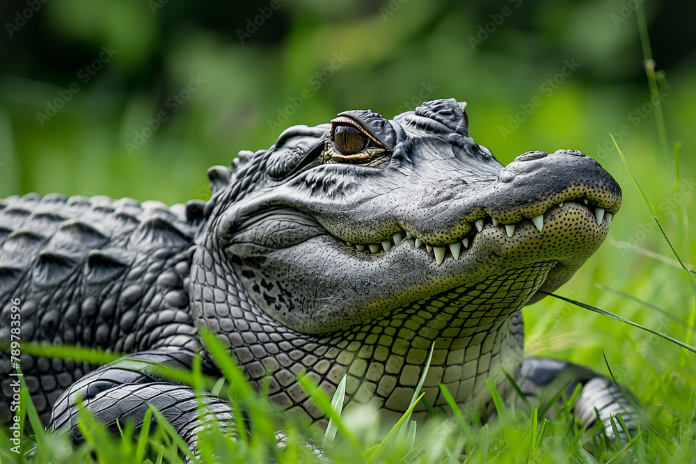 Fototapeta premium Close-Up Portrait of a Young Alligator Resting in the Grass