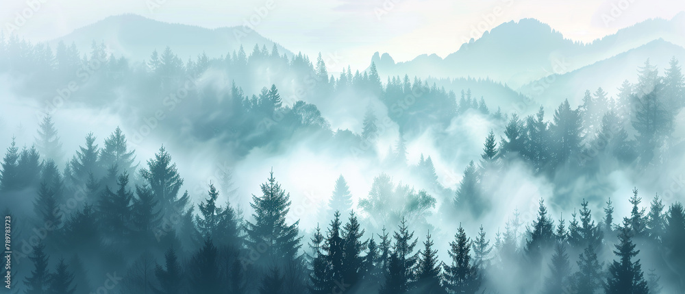 fogy pine forest in the morning