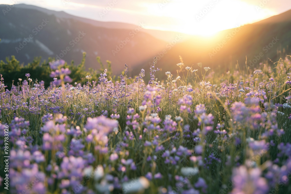 Radiant Sunset Illuminating Purple Wildflowers in Mountain Valley