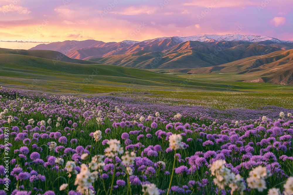 Majestic Sunset Over Lavender Wildflower Fields with Rolling Hills