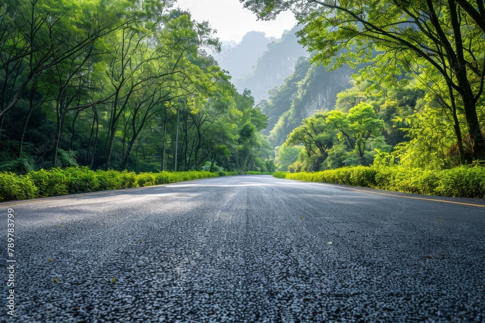 Asphalt road and green forest with mountain nature landscape in Hangzhou, China - generative ai