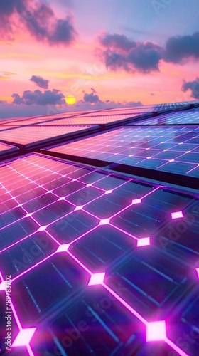 solar panels with neon outlines  futuristic energy farm  glowing at dusk