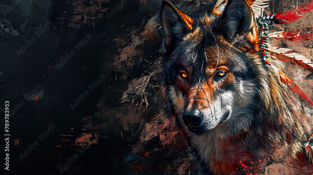 close up side view wolf symbols of resilience animal spirit with quill feathered headdress against dark grunge background with copy space.