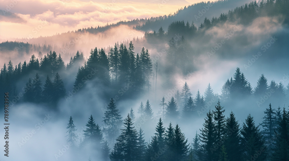Ethereal Morning Mist Over Pine Forest at Sunrise Ethereal Morning Mist Over Pine Forest at Sunrise