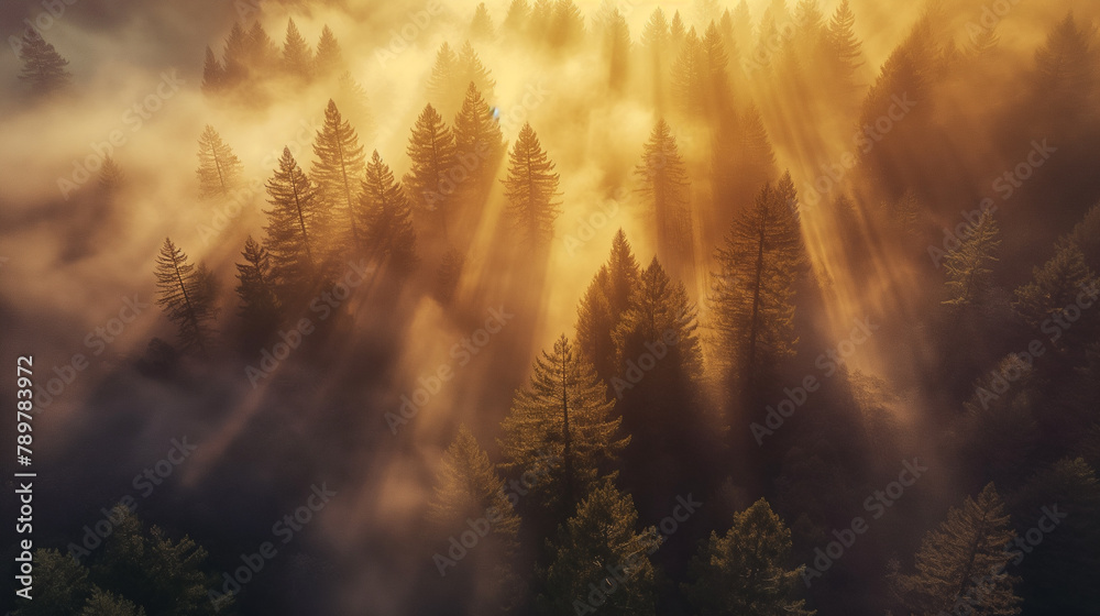 Misty Forest Sunrise with Light Rays Through Trees
