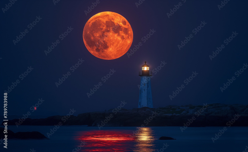 A lighthouse stands sentinel on a rocky shore, bathed in the red glow of a stunning harvest moon that reflects upon the tranquil sea, embodying guidance and the calm of night.