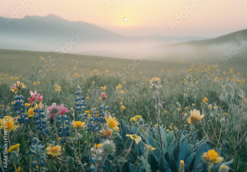 Misty Sunrise Over Flowering Mountain Prairie