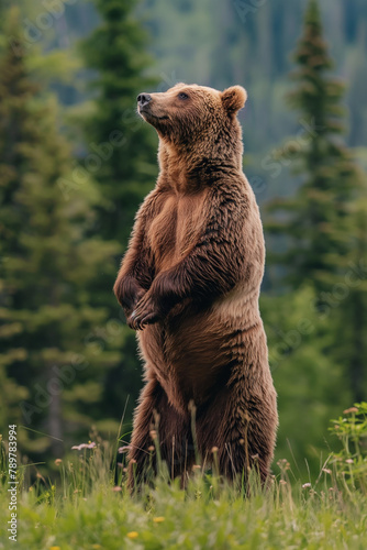 Majestic Brown Bear Standing in Wild Forest Landscape