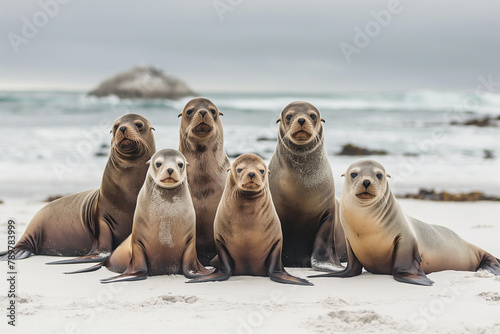 Group of Sea Lions on Sandy Beach with Ocean Background