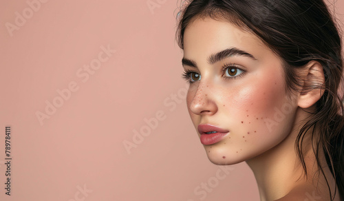 A young woman with a natural look showcases her freckles, her gaze slightly off-camera, against a soft blush background.