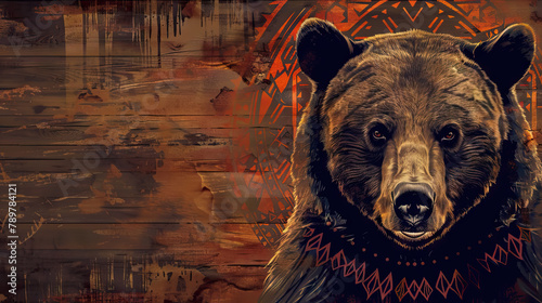 close up bear with native american tribal pattern against wooden background with copy space. spirit animal. photo