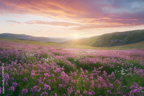 Sunset Over Blooming Lavender Fields and Hills