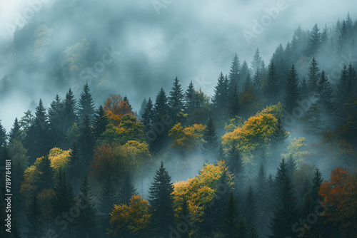 Autumnal hues paint a forest scene, where the mist weaves through the trees, creating a mystical dance of color and light, evoking a feeling of mystery and the beauty of seasonal change.