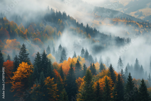 Autumnal hues paint a forest scene, where the mist weaves through the trees, creating a mystical dance of color and light, evoking a feeling of mystery and the beauty of seasonal change.