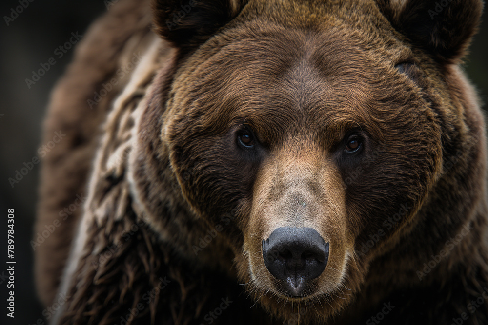 Up close with a brown bear, its intense gaze and rich fur details captured against a shadowy backdrop, evoking a sense of wild awe and respect.