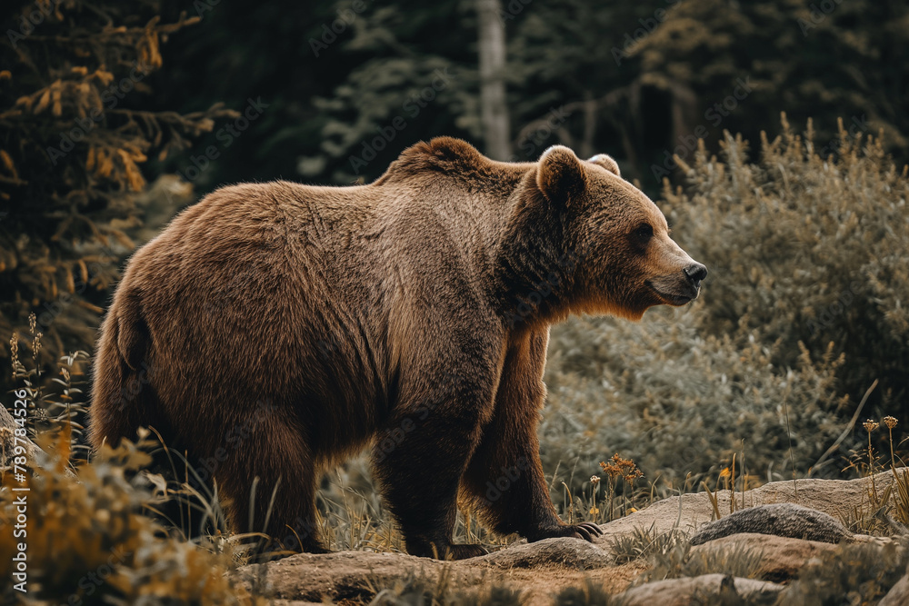 A solitary brown bear roams a forest clearing, its imposing presence a testament to the untamed spirit of the wilderness, captured in a moment of tranquil solitude. A solitary brown bear roams a forest clearing, its imposing presence a testament to the untamed spirit of the wilderness, captured in a moment of tranquil solitude.